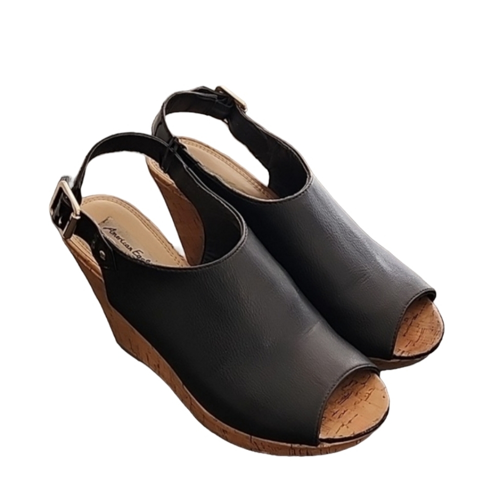 AEO AMERICAN EAGLE Slingback Cork Wedge Sandals 8.5 Pebbled Black Vegan Leather - Picture 15 of 16